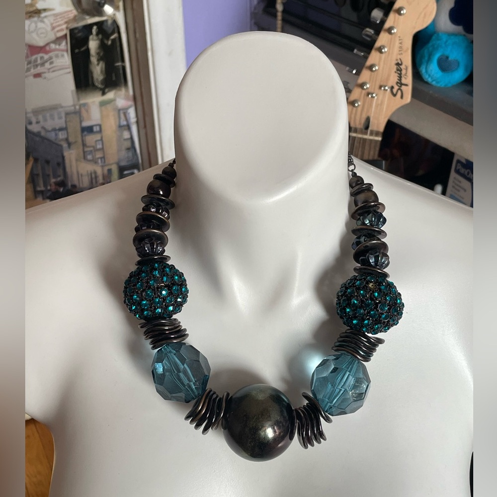 Y2K Teal and Bronze Black Large Beaded Necklace